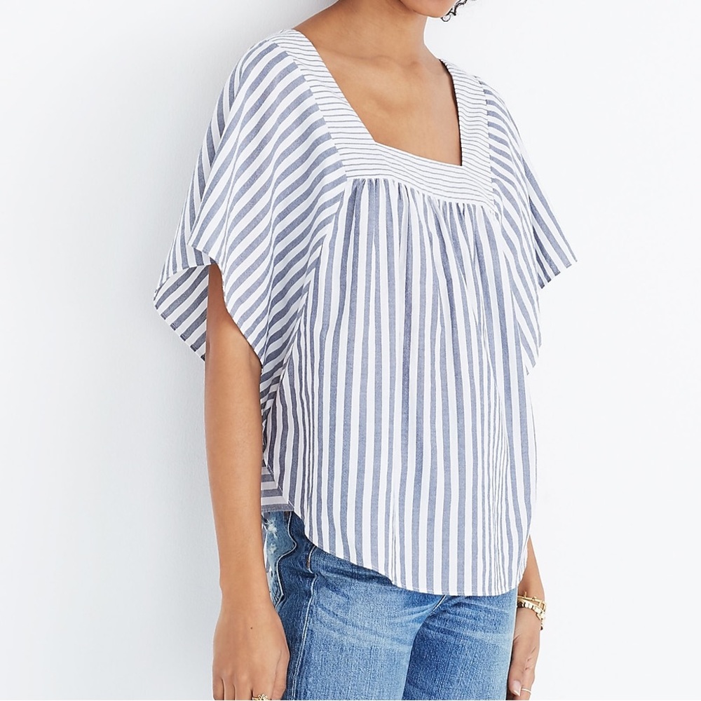 Madewell Blue and White Striped Square-Neck Blouse